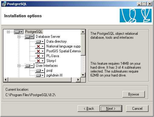 Instalace PostgreSQL, nastavení instalace. [1]