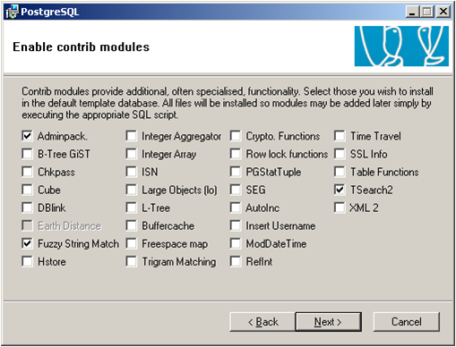 Instalace PostgreSQL, instalace volitelných modulů. [1]
